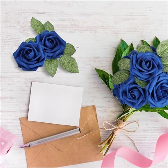 Artificial Flower Royal Blue Rose 25pcs Real Looking Fake Roses w/Stem for DIY - Picture 5 of 6